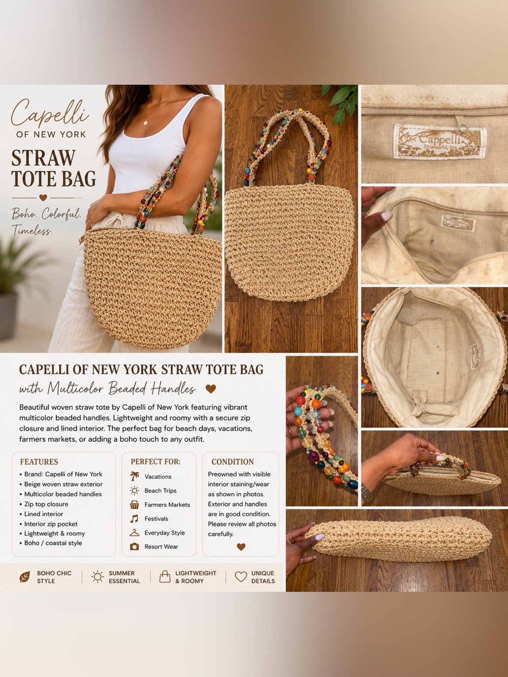 Capelli of New York Beige Straw Tote with Multicolor Beaded Handles